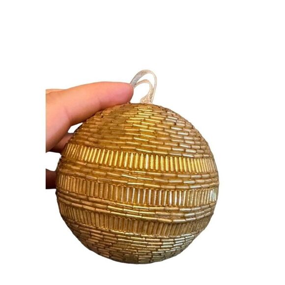 Gold Beaded Round Ball Holiday Christmas Ornament - Picture 2 of 4